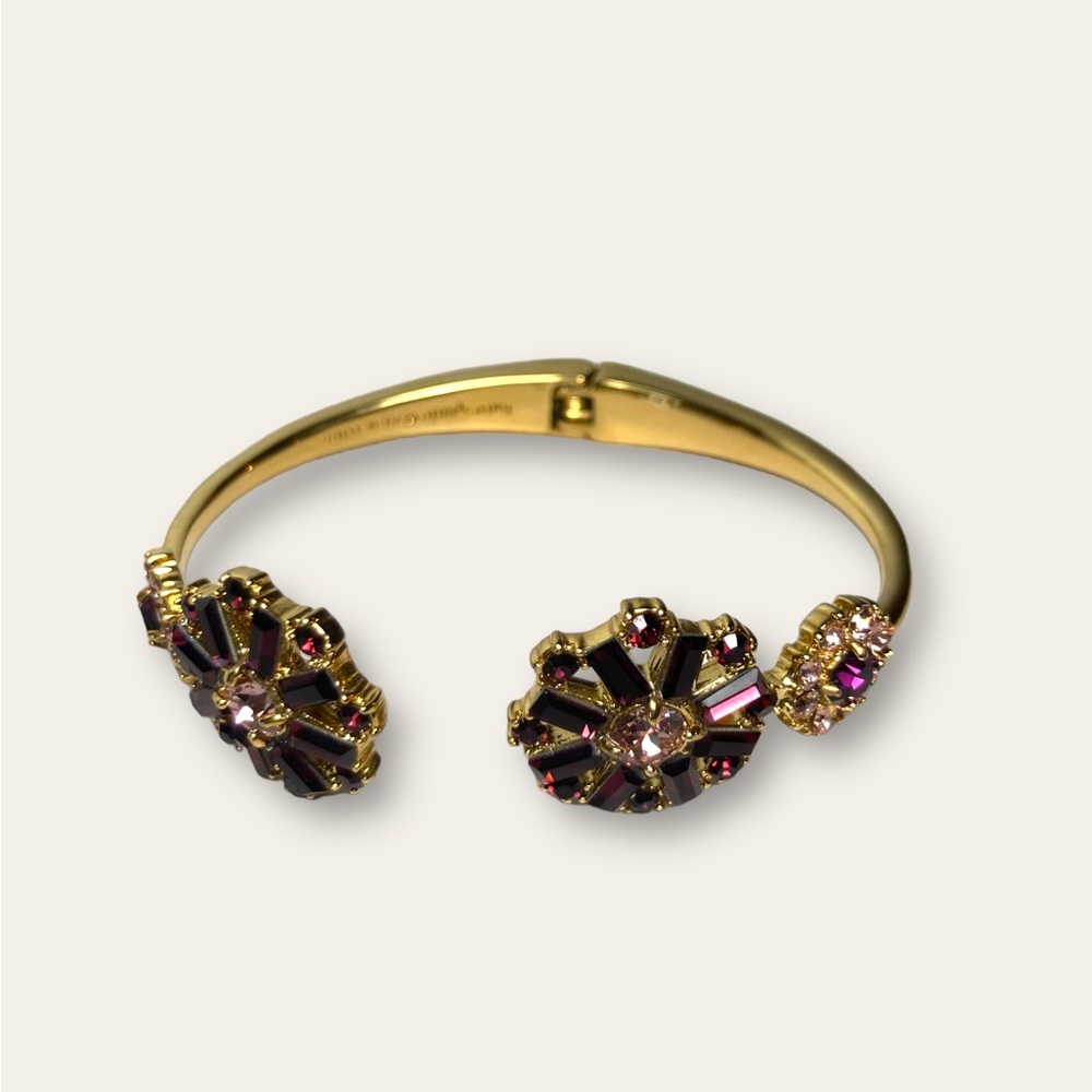 Kate Spade Purple Stone Open Hinge Flower Cuff Gold Tone Bracelet